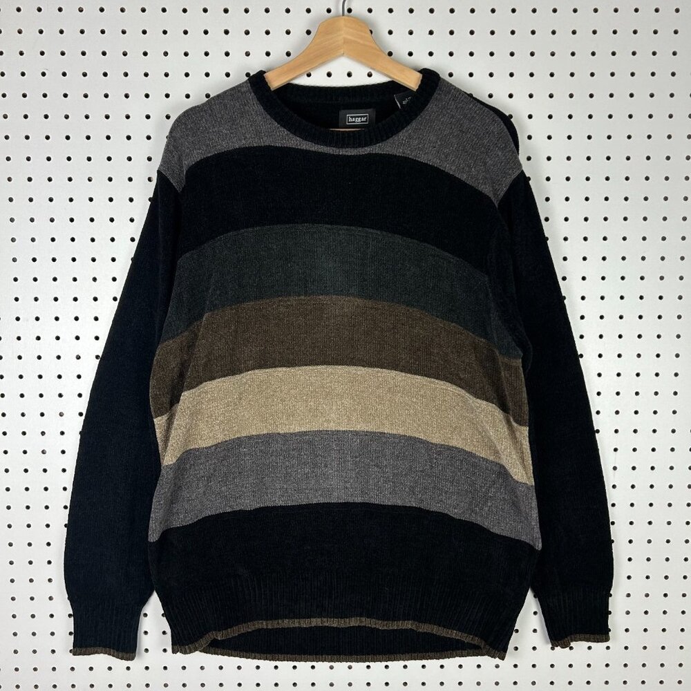 Haggar Vintage Knit Sweater Large‎ Black Brown Striped SOFT Grandpa 90s Preppy